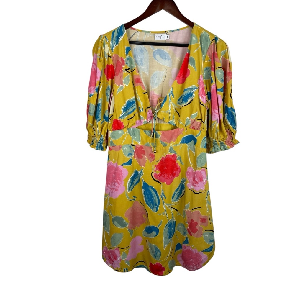 Aiyana | Mustard Gold Pink Floral Cut Out Puff Sleeve Dress New